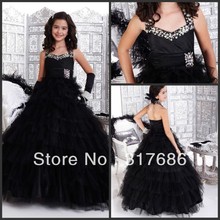 Elegant halter a-line beaded tiered tulle long girls’ dresses
