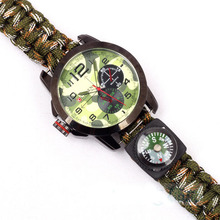 1pc Multicam Outdoor camping Travel Kit Watch With survival Flint Fire starter paracord Compass rescue Whistle rope