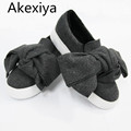 Akexiya Shoes 2017 Fashion Women Flats Super Big Bow Canvas Shoes Woman Platform Shoes Slip On