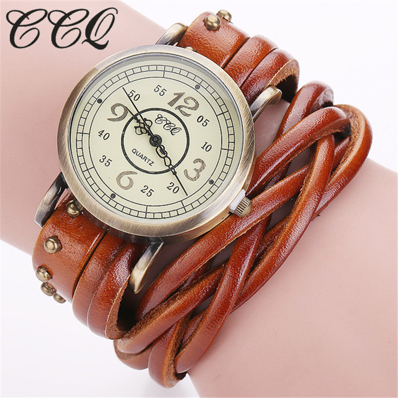 CCQ Brand Fashion Vintage Retro Rivet Braided Genuine Leather Bracelet Watch Women Quartz Watch Clock Relogio