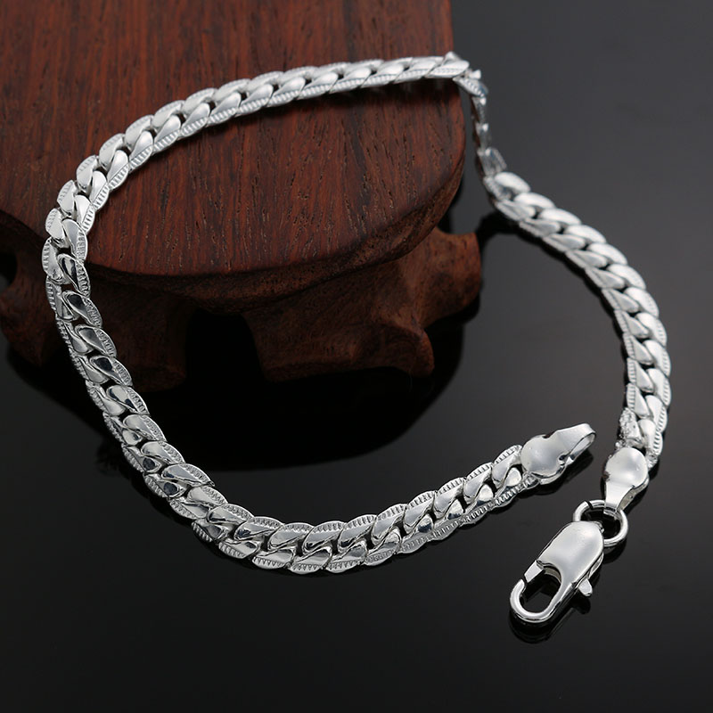 High quality fashion silver plated bracelet men 5MM flat sideways chain 2016 new hot sales jewelry