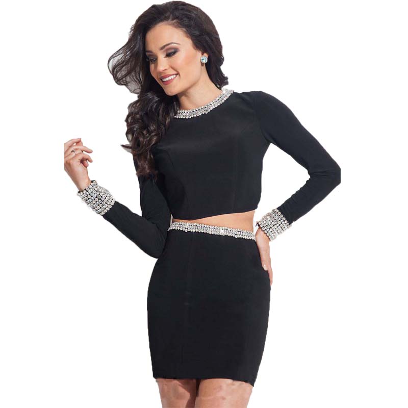 Short negro vestido de fiesta 2015 de manga larga de gasa vestido corto de dos piezas