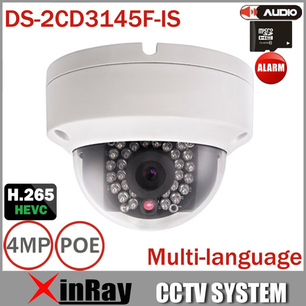Multi-language DS-2CD3145F-IS Full HD 4MP V5.3.3 Support H.265 HEVC With TF Card Slot & Audio I/O Mini Dome POE IP CCTV Camera