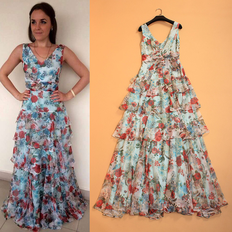 Summer Dresses 2015 Fashion Women Runway Dress Brand Dresses Sleeveless Floral Print V-Neck Sexy Long Dresses