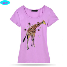 Hot!New arrive fashion style hand-beaded Hot fix rhinestone teens girls t-shirt Lifelike giraffe tshirt for girl tops DZ9