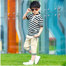 Children’s sports suit big boys clothing summer set 2015 teenage striped casual short-sleeve tops short pants twinset brand sets