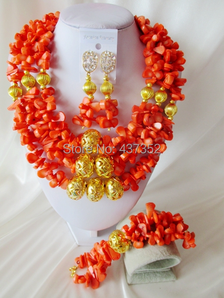 Fashion Nigerian African Wedding Beads Jewelry Set , Red Coral Beads Necklace Bracelet Earrings Set CWS-323