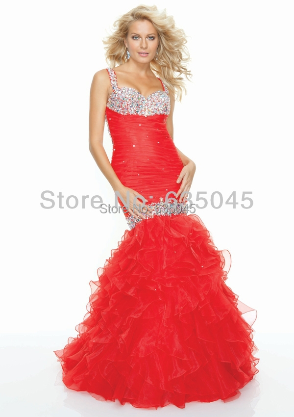 Custom made Red Satin Organza Pleat Beading Crystal Mermaid Evening Dress Prom Dress Vestidos De Fiesta