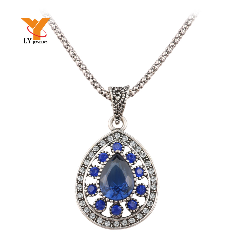 Hot 2015 Fashion Vintage Sapphire Necklace For Women Tibetan Silver Alloy Water Drop Pendant ...
