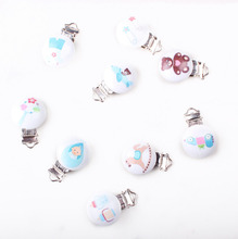 5PCs Baby Pacifier Clips Mixed Pattern White Wood Metal Holders 4.3cm x2.9cm XP0313
