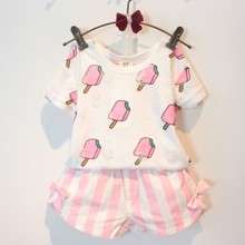 2016 New Sweet Summer Baby Girls Clothing Set Popsicle Style Kids Girl Clothes Cute Ice Cream Hole T-shirt and Bow Short Suit