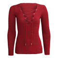 Sexy Autumn Winter Knitted Tops Women Pullover Lace Up Cross OL Sweatser Slim Long Sleeve Tops