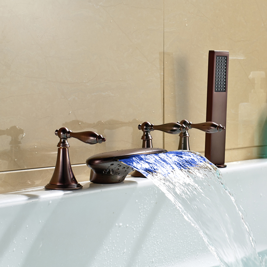 LED Changing Color Waterfall Widespread Tub Filler Faucet Tap with Hand