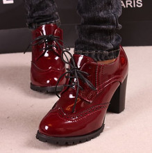Hot sale! 2015 spring ankle boots for women japanned leather round toe vintage carved thick lacing ankle-length ladies shoes