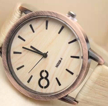 2015 New Women Quartz Watch Simulation Wood Grain Print Big Dial Watch Bamboo PU Leather Band