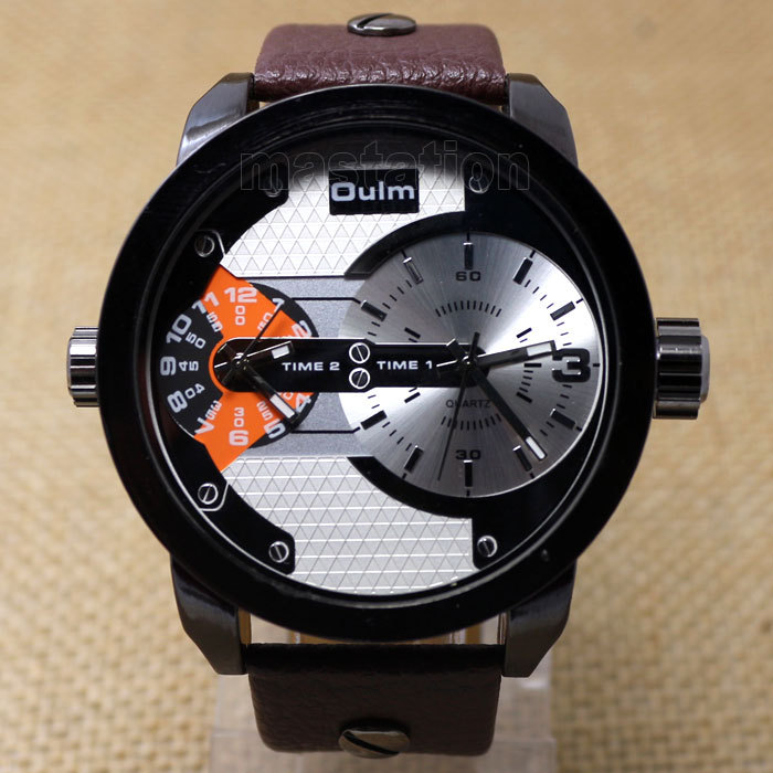 Oulm Men Watch with Double Movt Numbers and Strips Hours Marks Leather Band Quartz men sports