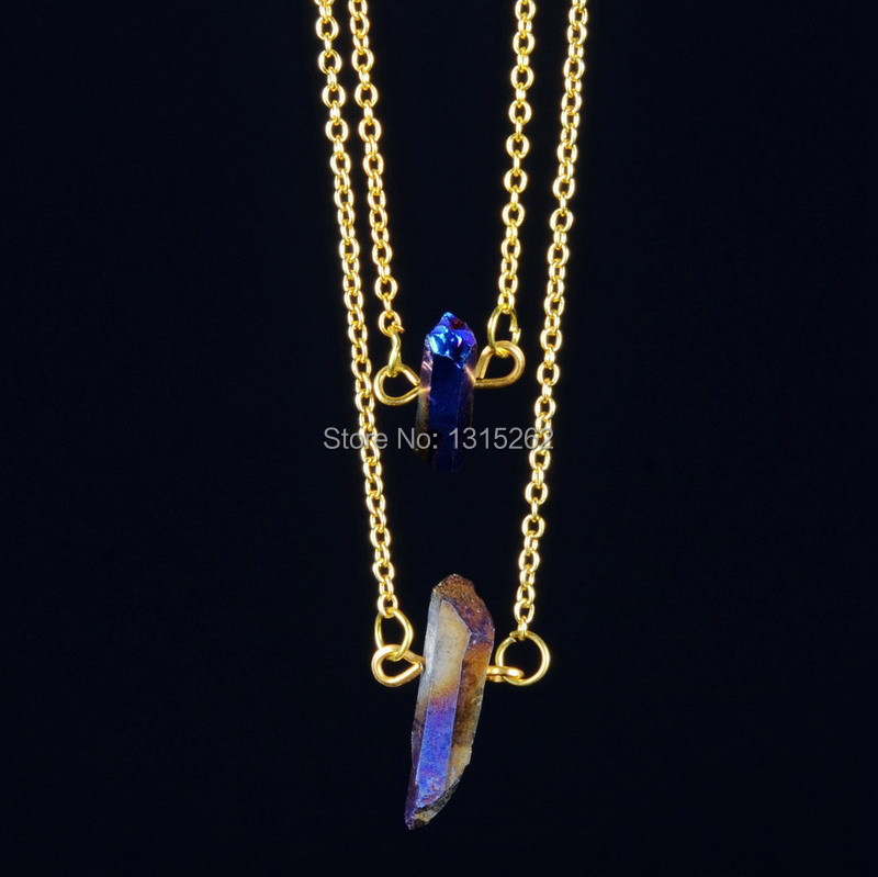 Women jewelry gold plated blue irregular crystal pendant necklaces fashion natural stone double layer chain necklace