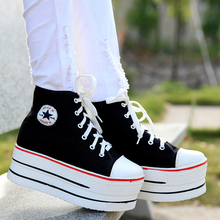 Korea Star Super Thick Women Casual Shoes High Top Black Women Flat Platform Shoes Lightweight Fashion