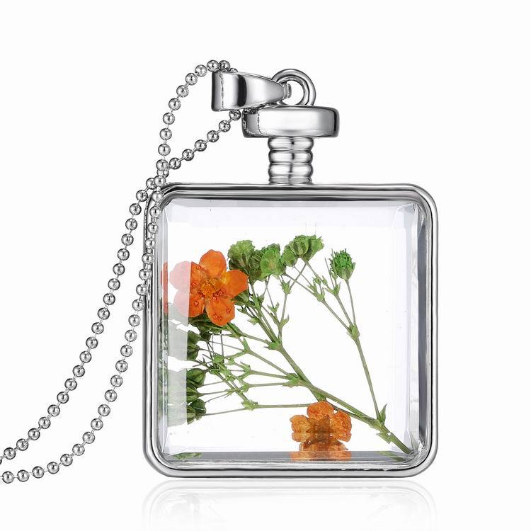 Silver Plated Square Shape Glass Bottle Mini Dried Flower Pendant Necklaces of Women Wholesale Jewelry Flower Necklace N024 23\'\' N02405