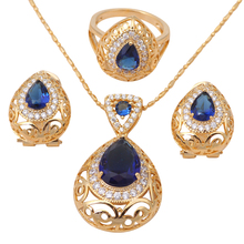 Heart Blue Topaz 18K Gold Plated Zirconia Health Nickel & Lead free Earring Necklace Ring sz #7.5 #6.75 #8.5 Jewelry Set JS307A