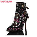 MORAZORA All cowhide leather boots women high thin heels ankle boots zip buckle embroidery autumn winter
