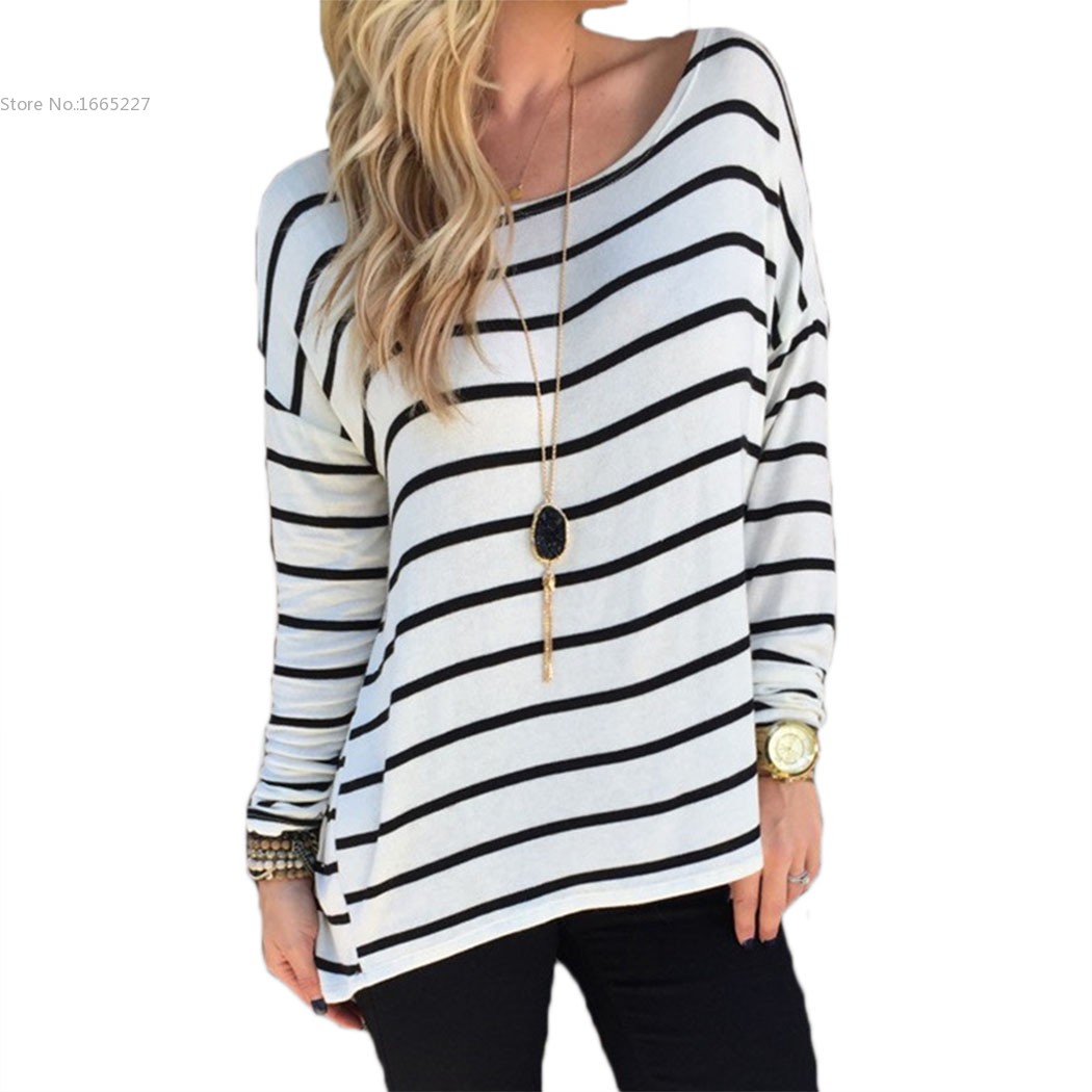 2016 Womens Spring Autumn T Shirt Black and White Striped T Shirts Long
