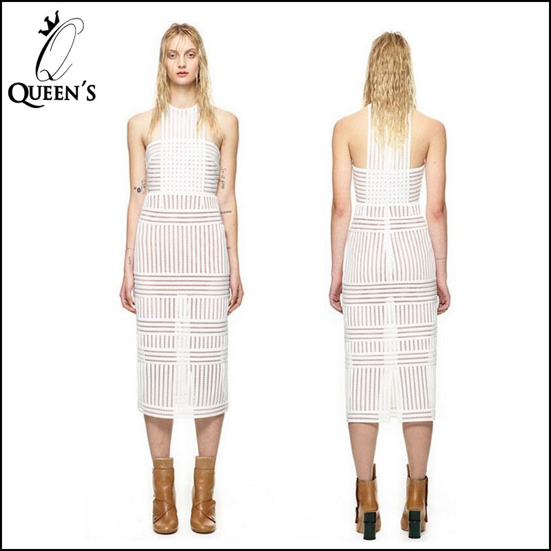 striped mesh column dress in white