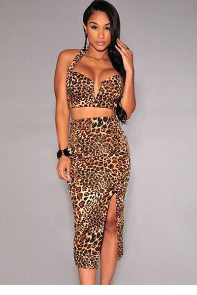 Sexy summer 2015 two piece outfits Leopard Plungin...