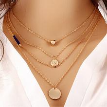 2016 Simple Fashion Jewelry Collares Gold Multi Layer Necklace Sexy Love Heart Gold Circular Sequin Bead Pendant Necklace W90
