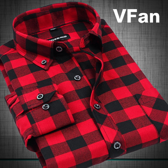 VFan Flannel Men Plaid Shirts 2014 New Autumn Luxury Slim Long Sleeve Brand Formal Business Fashion