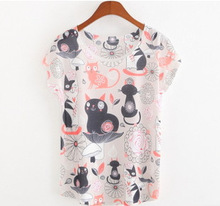 2015 New Fashion Vintage Spring Summer T Shirt Women Clothing Tops Blouse Flower cat Print T