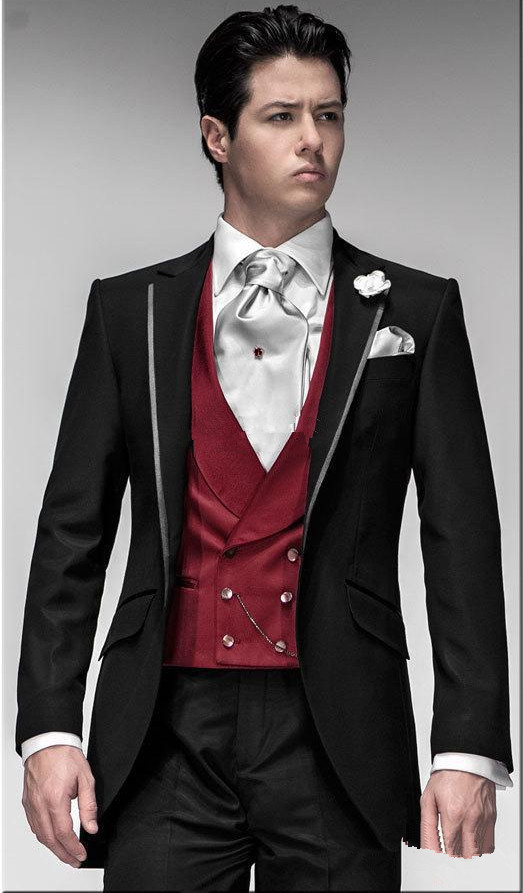 Custom Made Groom Tuxedos Black Suit Red Vest Notch Lapel