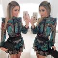 New 2016 Summer Style Women Blue Vintage Flower Print Summer Dress Long Sleeve O neck Patchwork