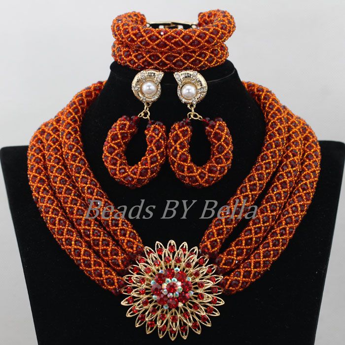Latest Hot Bridal Jewelry Sets Orange&Red Crystal Beads Necklace Nigerian Wedding African Beads Jewelry Set Free Shipping ABF722
