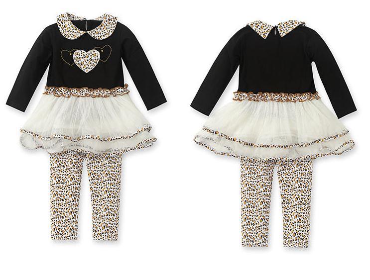 2014 Autumn baby girl suit cotton black long sleeve lapel love dress + leopard pants 2pcs set kids girls clothing set 5set/lot
