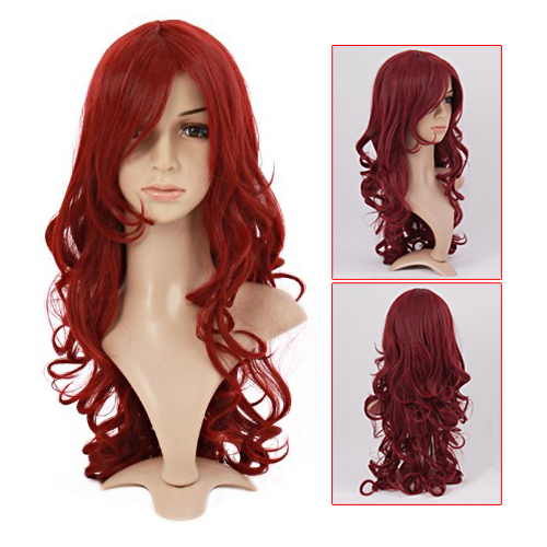 WSFS Hot Sale New Charming Long Wavy Wine Red Hair Synthetic Wig Womens Party Full Wigs