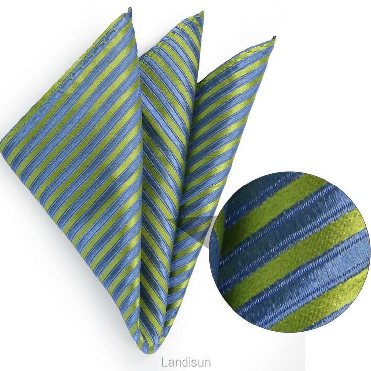 Landisun 44C Bright Blue Green Stripes Mens Silk Neck Tie Set: Tie+Hanky+Cuff