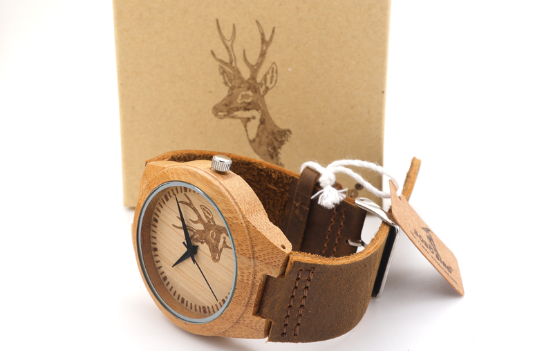 Fashion New Genuine Cowhide Leather Band Lovers Luxury men Watches men Wood Bamboo Wristwatch with deer