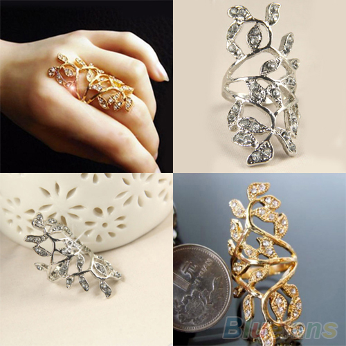 Women s Fashion Rhinestone Hollow Leaf Joint Armor Knuckle Crystal Ring 7 2MCK 4AA2