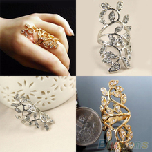 Women’s Fashion Rhinestone Hollow Leaf Joint Armor Knuckle Crystal Ring 7# 2MCK