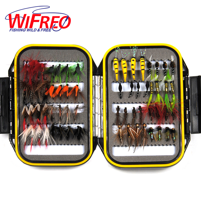 64PCS Dry & Wet Nymph Fly With Waterproof Fly Box Trout Fishing Lures Fishing Tackle Bait Mayfly Scud Pupa Peacock Prince Inside