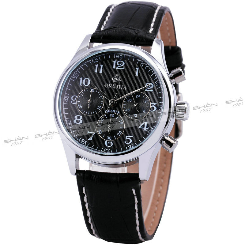 ORKINA Men Unisex Classic Business Quartz Wrist Watch Leather Strap Complex Chronograph Sub Dial + BOX