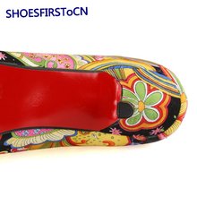 Fashion Party Woman Shoes Pointed Toe Slip on Women Pumps Flowers Design Red Bottom High Heels