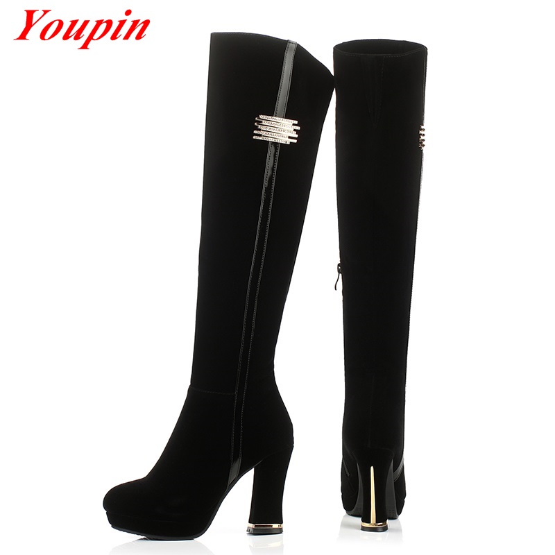 Woman Rhinestone Long Boots Winter Short Plush Nubuck Leather Thick With Sequined Knee-high boots Thicken Rhinestone Long Boots