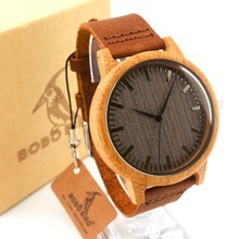 New Style Round Bamboo Wooden Watch with Genuine Leather Band Japan Movement 2035 Quartz Wood Wristwatch for Friends