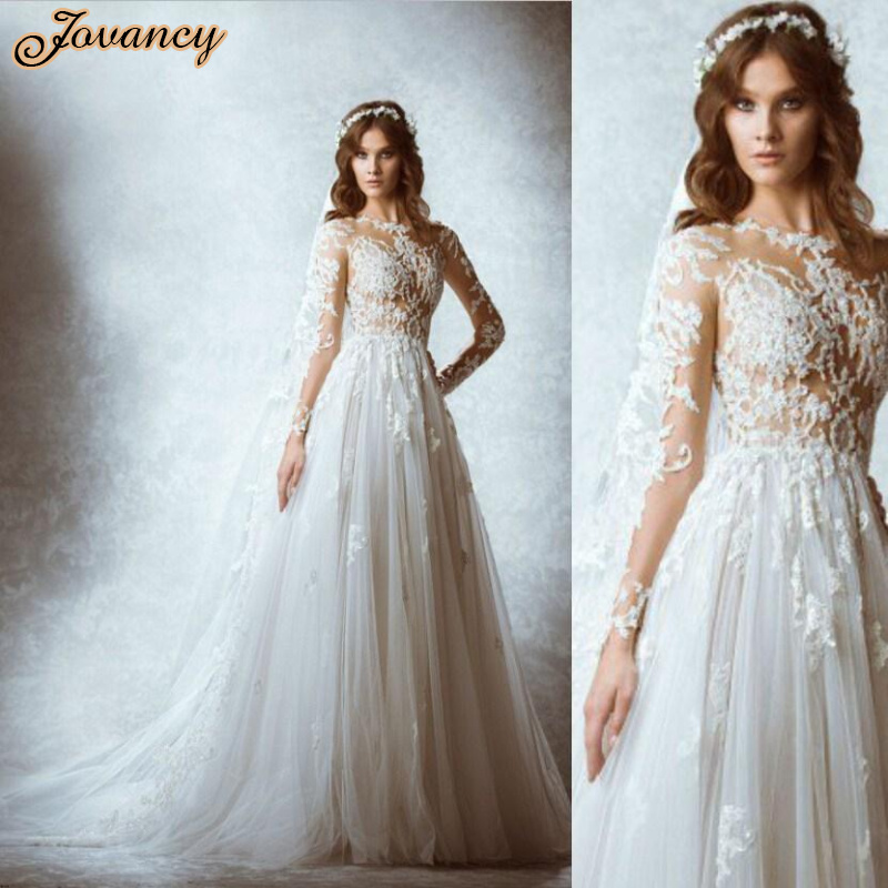 Zuhair Murad Generous See Through Lace High Neck Court Train Wedding Bridal Dresses With Long Sleeve