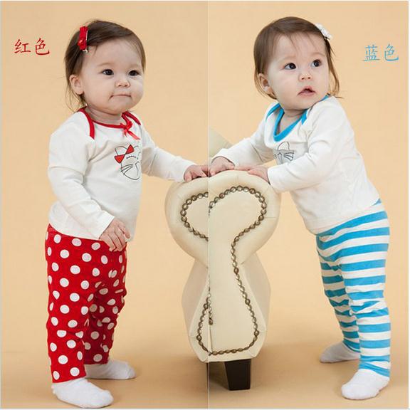 Autumn baby boy girl home clothes suit white long sleeve cat tops + striped trousers 2pcs set boys girls clothing set 5set/lot