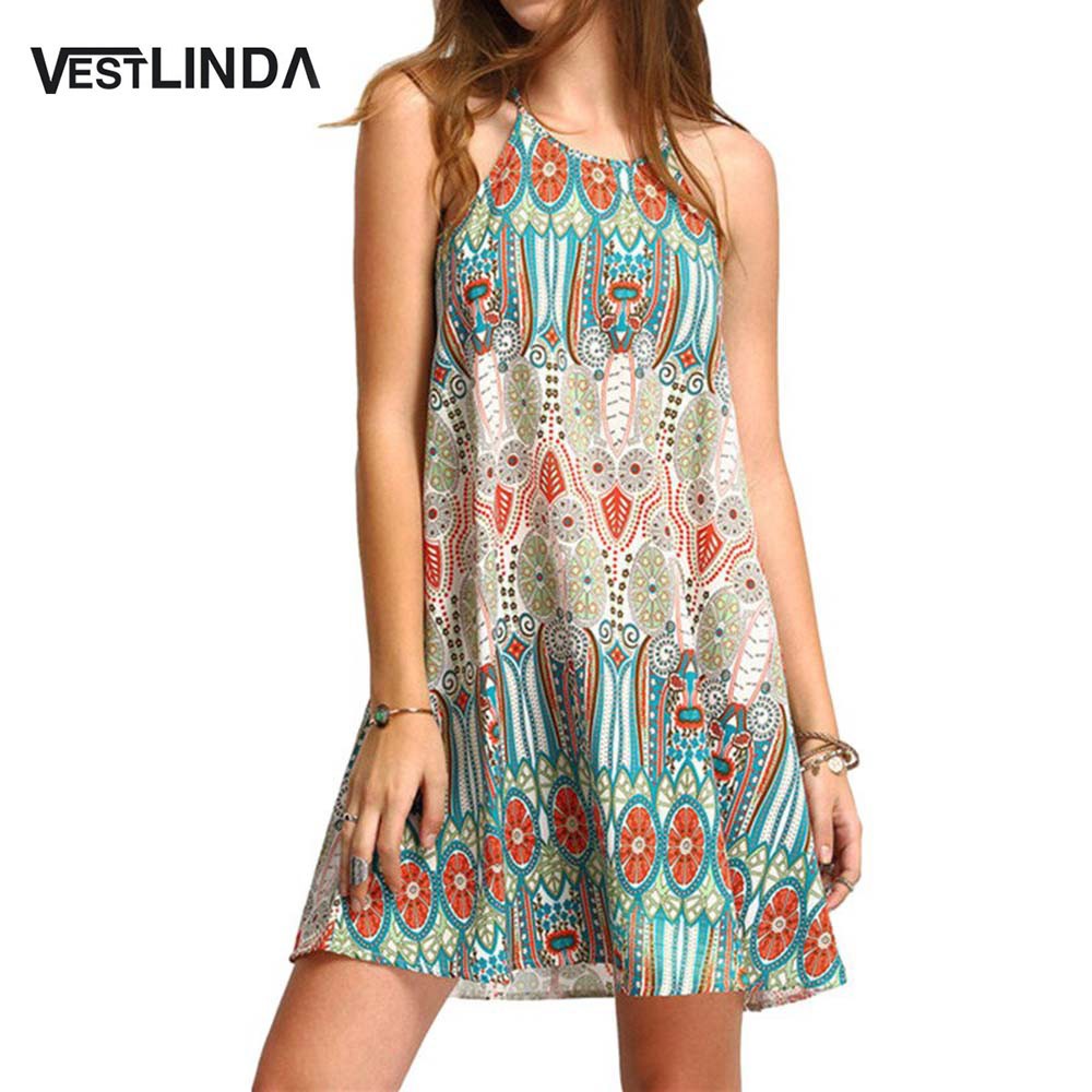 VESTLINDA Summer Women Bohemia Sleeveless Dress Floral Print Spaghetti Strap Mini Beach Dress Boho Hippie Vestidos Sundress