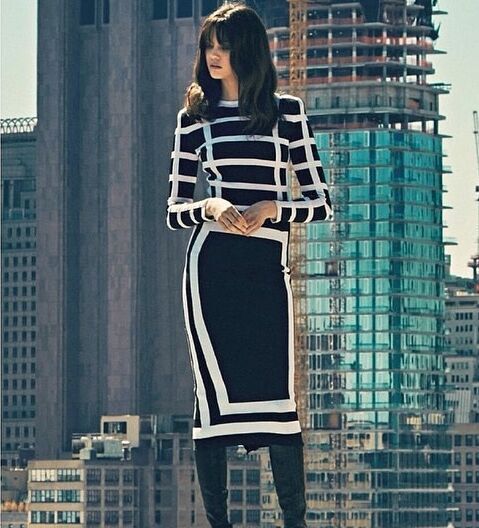 Free Shipping  Hot 2016 Fashion Women Black and White Knee Length Bandage Dress Rayon Long Sleeve High Quality HL