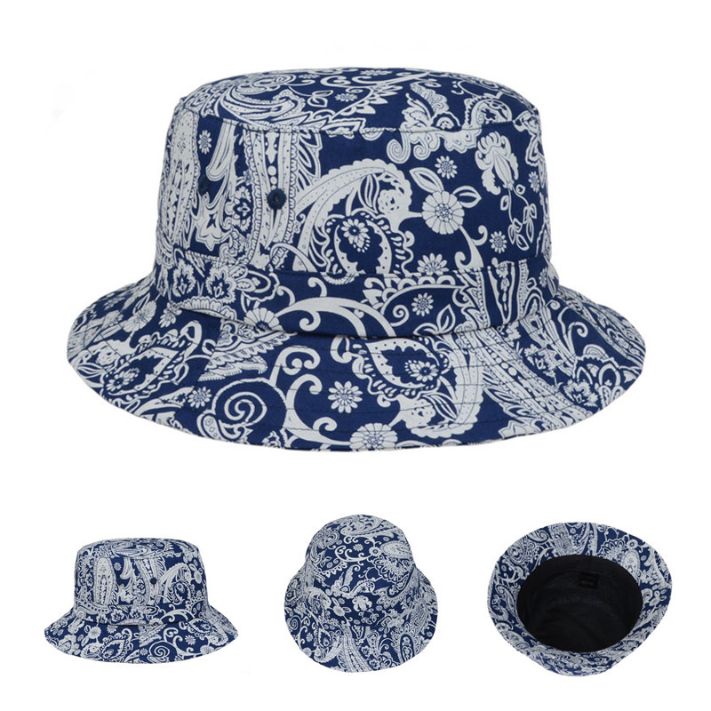 Wholesale Blue White Bucket Hats Women Floral Paisley Bucket Hat Cotton Hunting Sun Cap Bucket ...